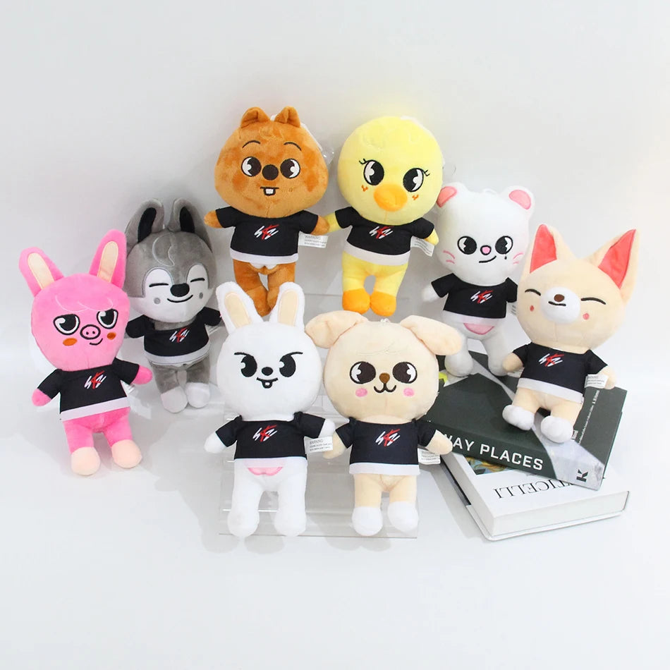 A set of eight cute cartoon animal plush toys featuring various animals like foxes, bears, and cats.