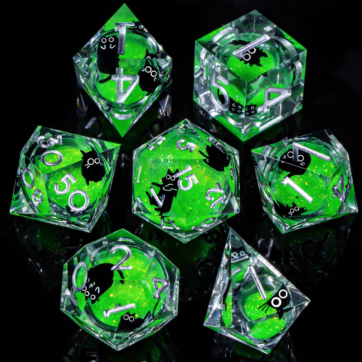 A set of green liquid core resin dice shaped like pyramids and hexagons, displayed on a reflective black surface.