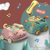 A set of three musical phone toys for toddlers, including a pink car, a green car, and a yellow phone, with musical notes flo