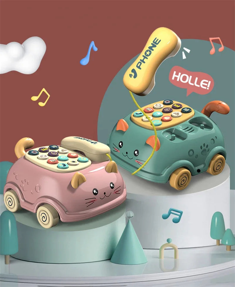 A set of three musical phone toys for toddlers, including a pink car, a green car, and a yellow phone, with musical notes flo