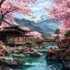 A vibrant painting of a cherry blossom landscape featuring traditional Japanese architecture and a flowing river.