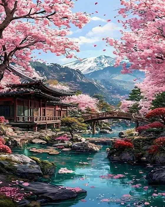 A vibrant painting of a cherry blossom landscape featuring traditional Japanese architecture and a flowing river.