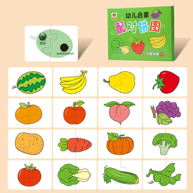 A set of animal matching cards featuring various fruits and vegetables for a toddler learning puzzle game.