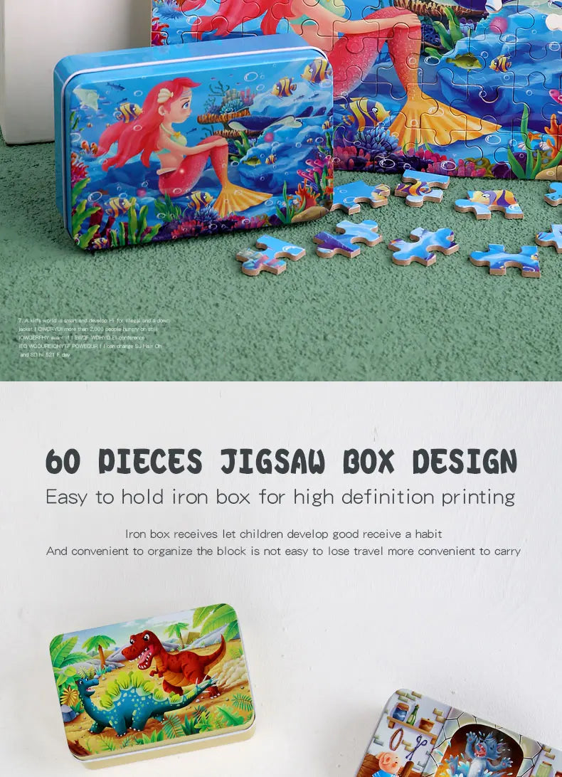 A box design featuring a colorful jigsaw puzzle of an animal and vehicle, used for high-definition printing.