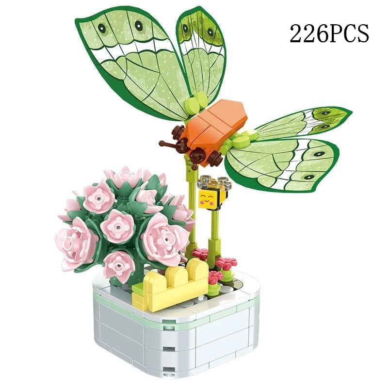 A set of 226 plastic rose flower building blocks forming a bouquet in a white container.