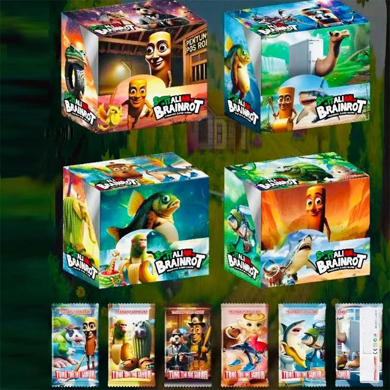 A collection of colorful trading cards featuring funny meme characters and brainrot themes.