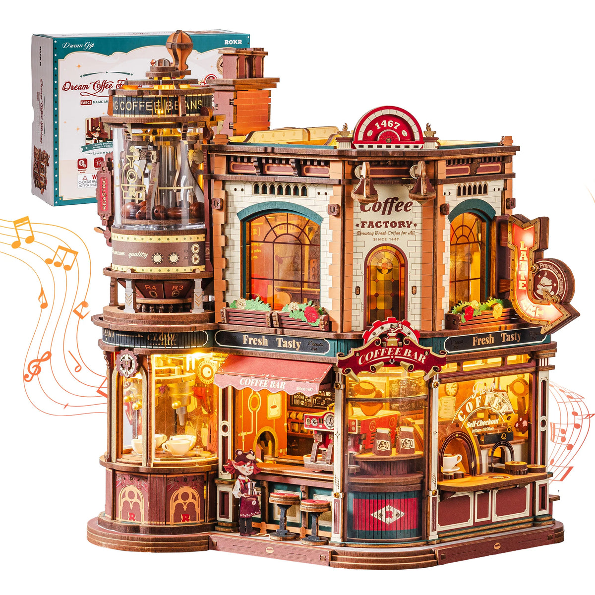 A detailed wooden 3D puzzle model kit of a coffee factory building with various elements and music box features.