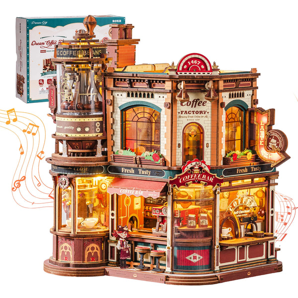 Detaljerad trämodellbyggsats av en kaffefabrik med olika element och speldosefunktioner.
