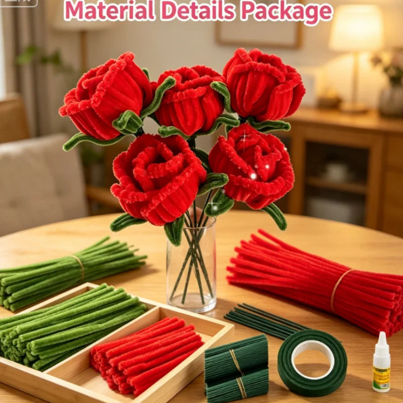 A collection of red and green pipe cleaners shaped like roses and tulips for crafting.