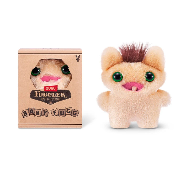 A small brown plush toy of a furry monster with large green eyes and pink accents, displayed next to its packaging.