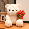 A fluffy white plush bear with brown accents and a bouquet of red roses.