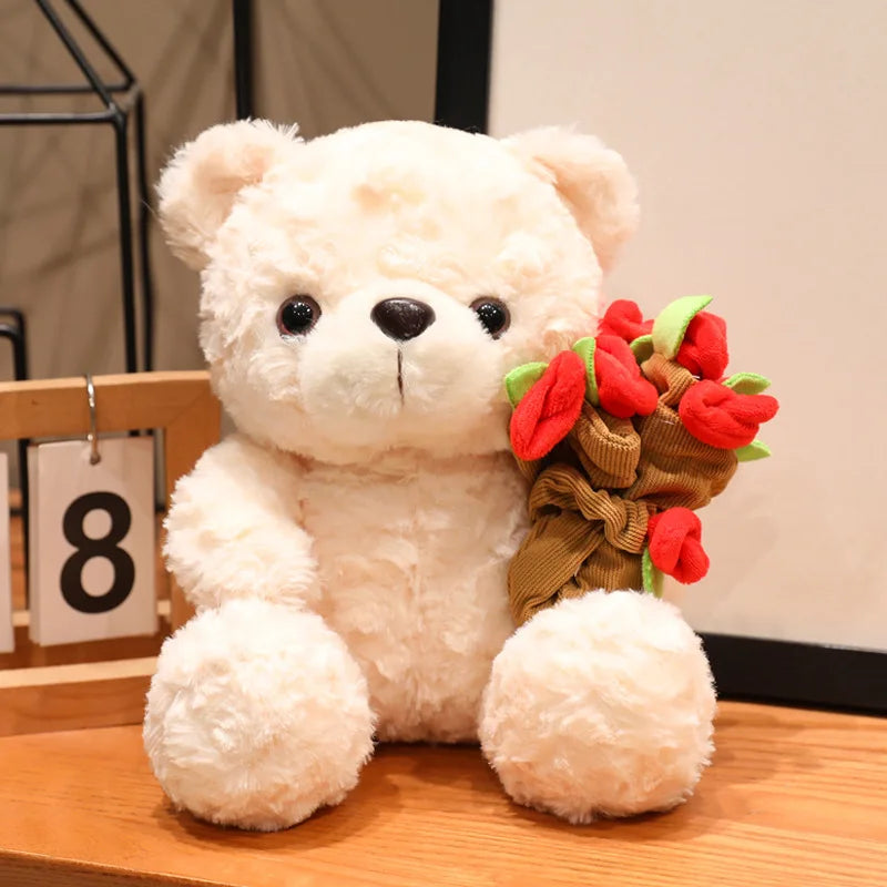 A fluffy white plush bear with brown accents and a bouquet of red roses.