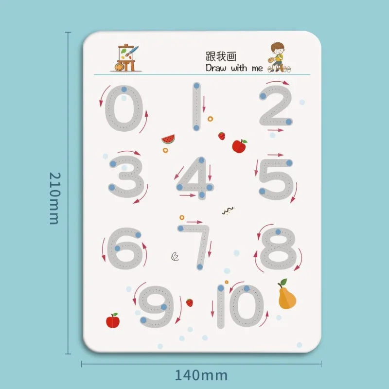 A printable tracing workbook for children featuring numbers 0 through 10 with corresponding drawings.