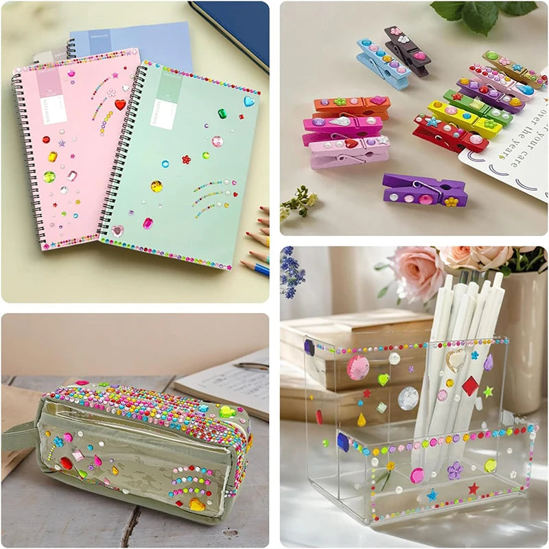 A collection of colorful self-adhesive acrylic gem stickers for face, nails, and crafts displayed on a notebook and in a clea