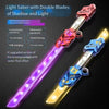 A light-up dual-blade laser sword toy featuring a shadow and light effect with rotating heads.