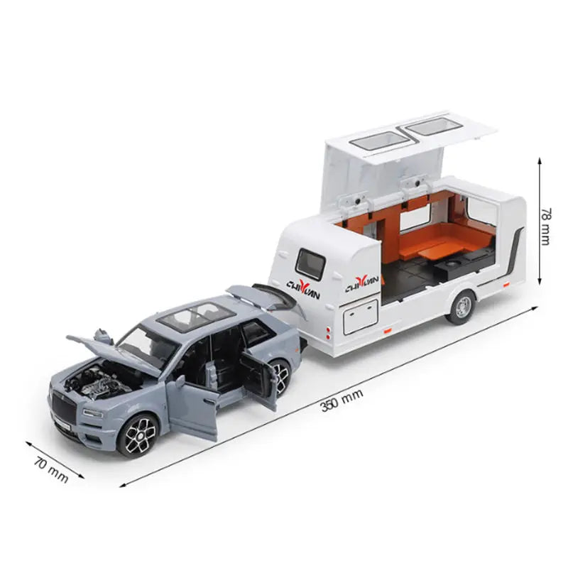 Diecast metal RV camper truck model with sound and light in gray and white.