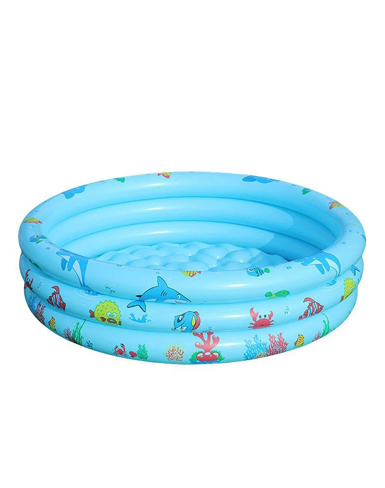 A light blue inflatable kids play pool with a cartoon design featuring various sea creatures.