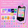 A pink children's touchscreen phone with a cute design showing various learning and entertainment apps.
