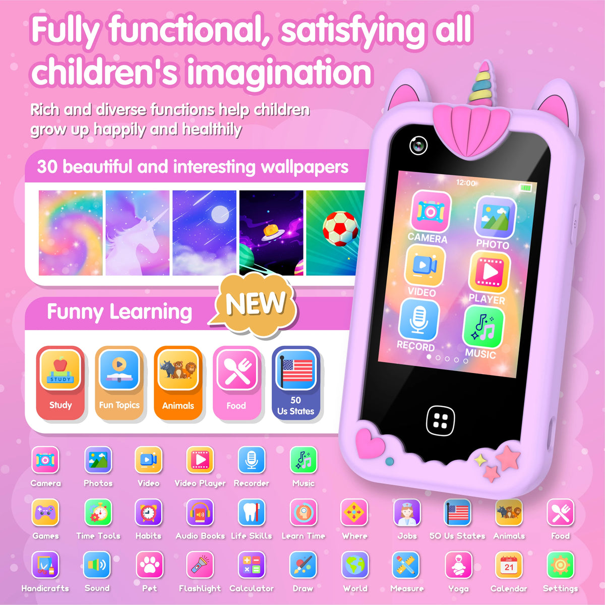 A pink children's touchscreen phone with a cute design showing various learning and entertainment apps.