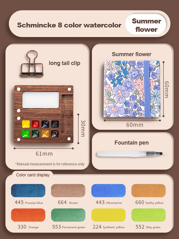A set of eight color watercolor paints in a wooden box, including a long tail clip and a fountain pen.