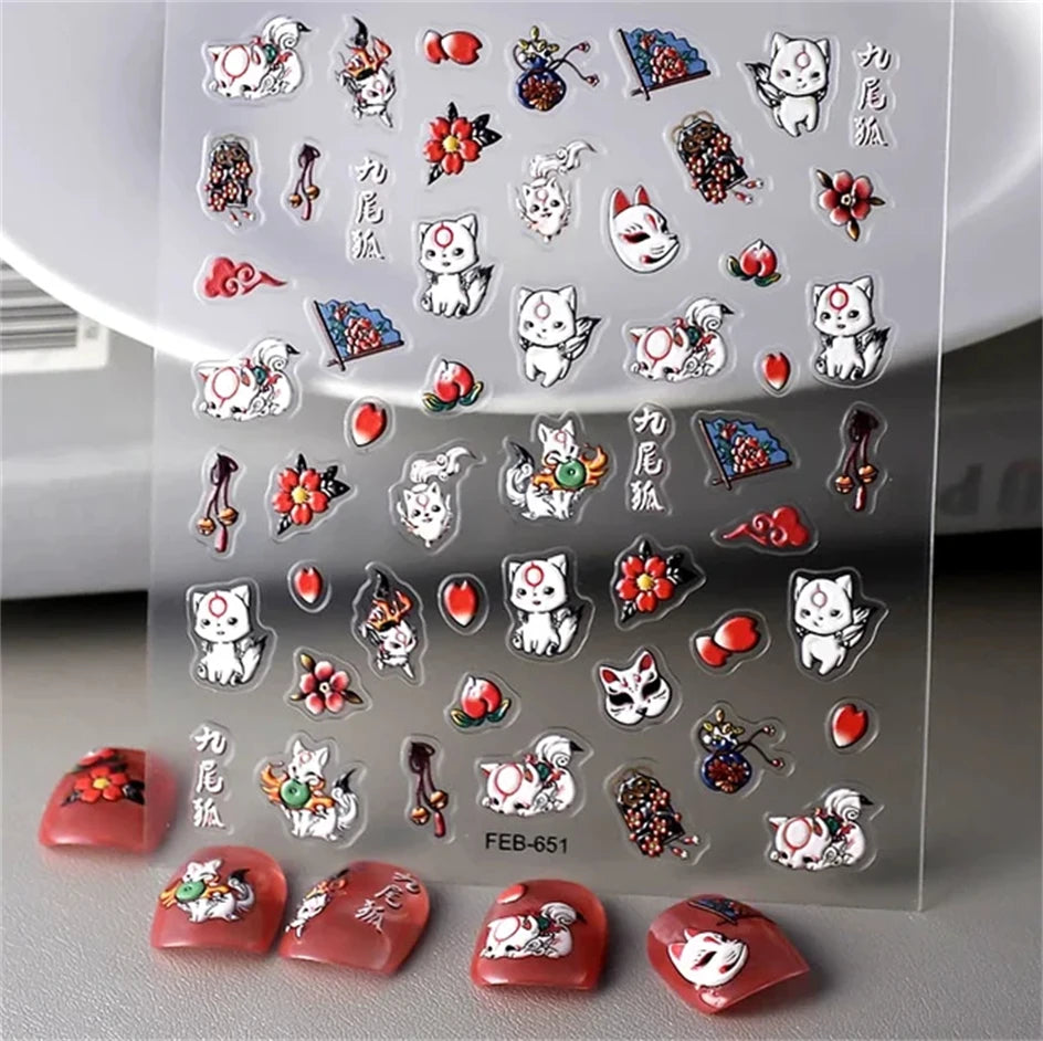 A sheet of 5D bronzing gothic nail art stickers featuring various cat designs and decorative elements.