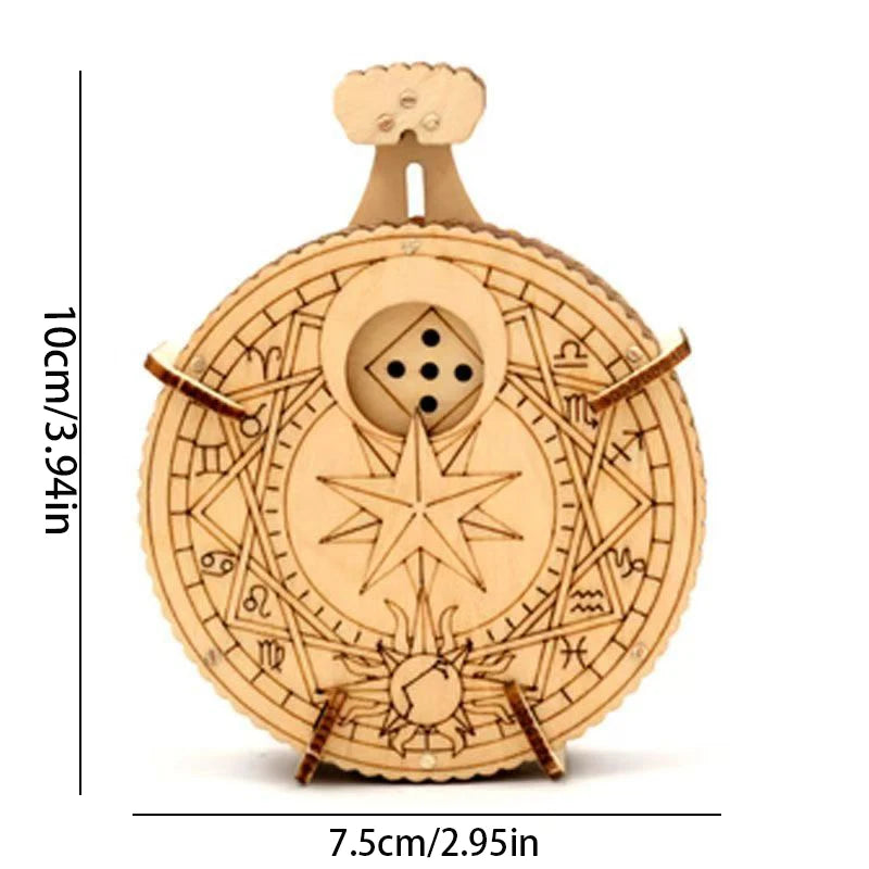 A wooden dice puzzle kit featuring a star design and various markings, with a small wooden peg on top.