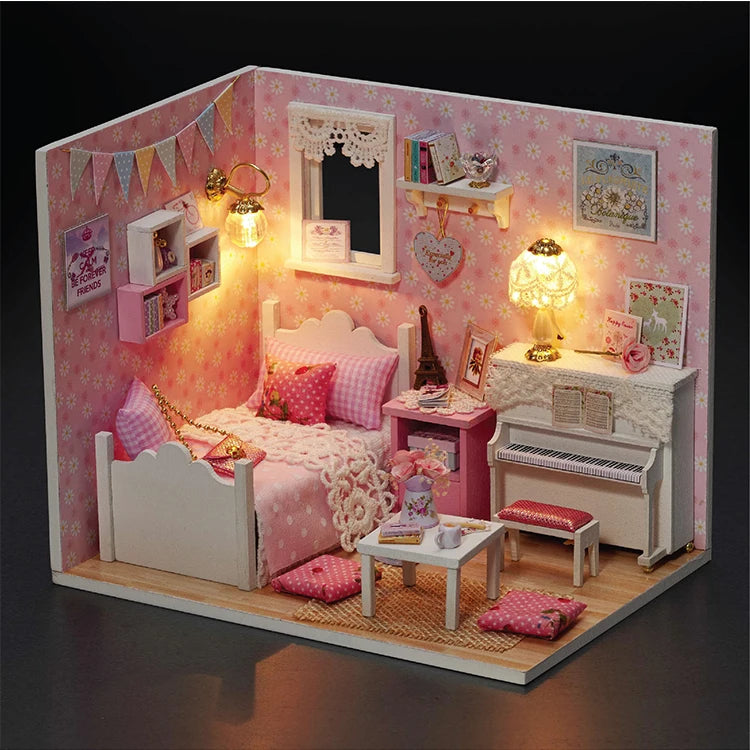 A pink miniature dollhouse featuring furniture, decor, and a bed set in a detailed puzzle kit.