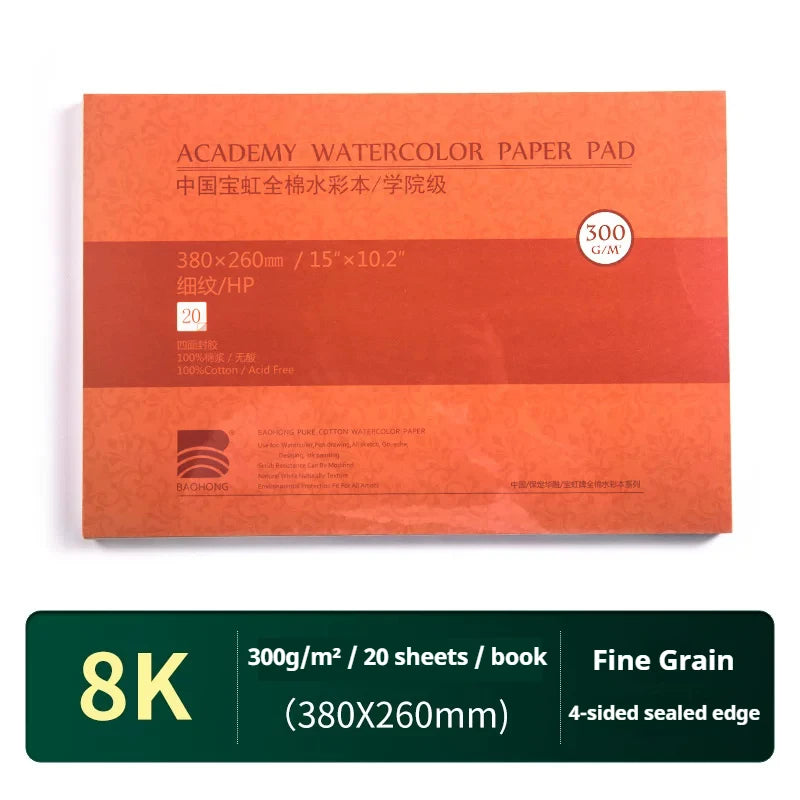 A package of Academy watercolor paper pad, 300gsm, with specifications for size and sheets.
