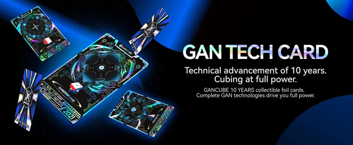 A display of GAN Tech Cards, collectible foil cards celebrating 10 years of technical advancement.