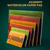 A stack of Academy watercolor paper pads in various shades of green, red, and yellow.