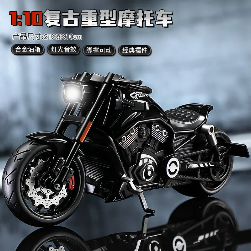 A detailed black die-cast motorcycle model in 1:10 scale, featuring chrome details and realistic features.