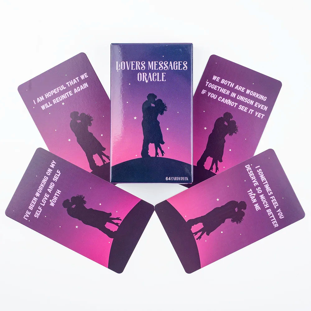 A set of six purple and pink oracle cards titled Lovers Messages featuring silhouettes of couples.