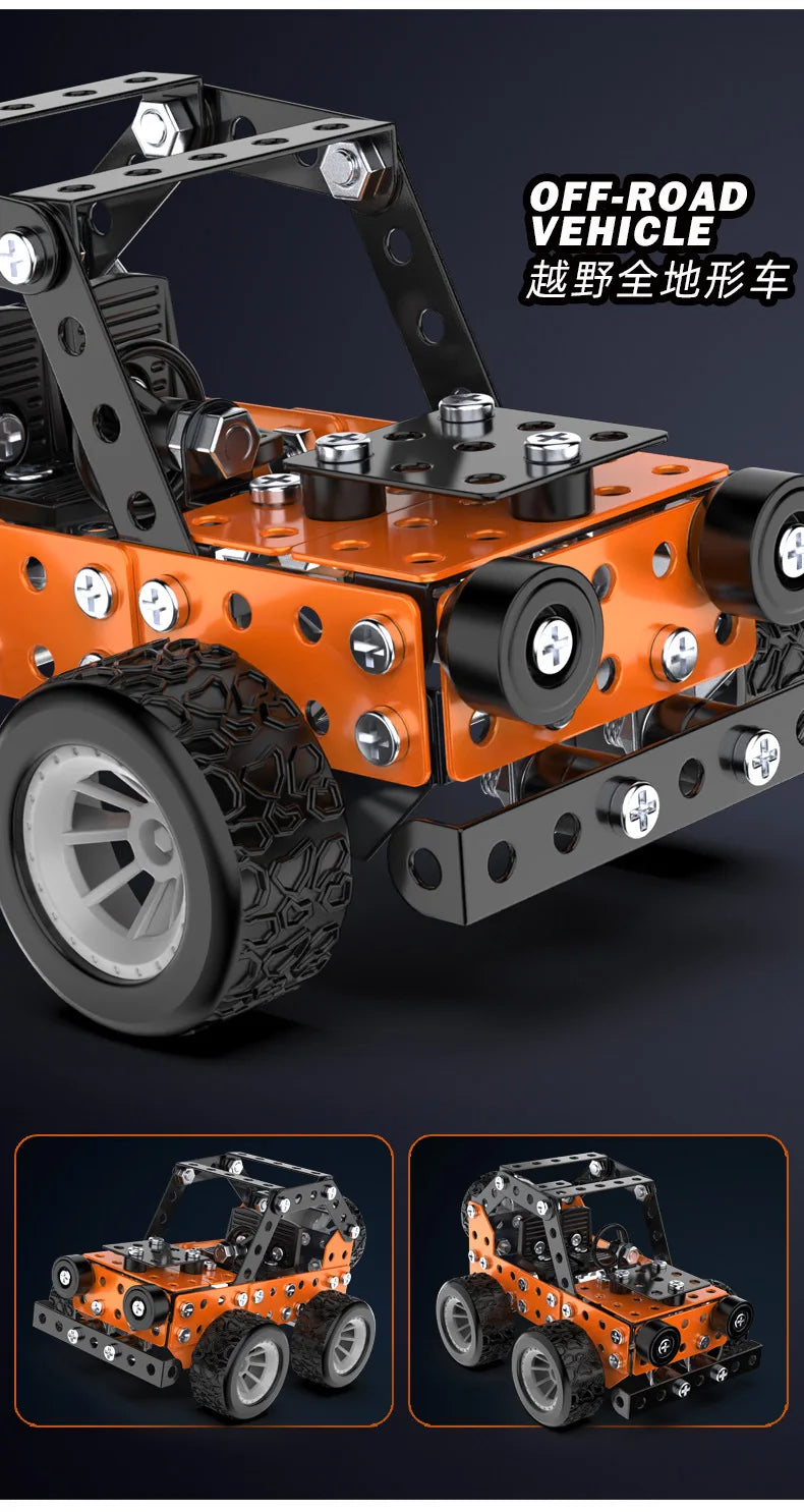 Orange and black metal building block off-road vehicle engineering kit with large tires