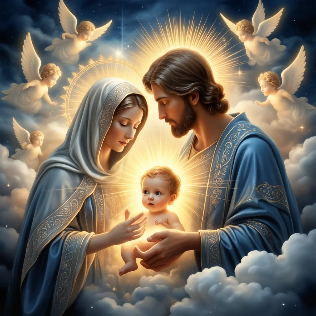 Jesus, Mary, and the infant Jesus surrounded by angels in a radiant light painting for religious art