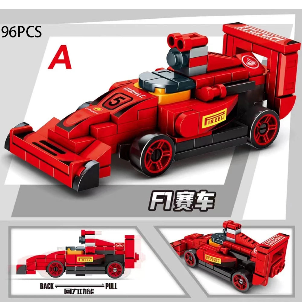 A set of 96 pieces building blocks depicting an F1 police helicopter and SWAT carrier vehicle in red and black.