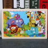 A colorful 24-piece wooden jigsaw puzzle featuring various jungle and farm animals like a giraffe, monkeys, and dinosaurs.