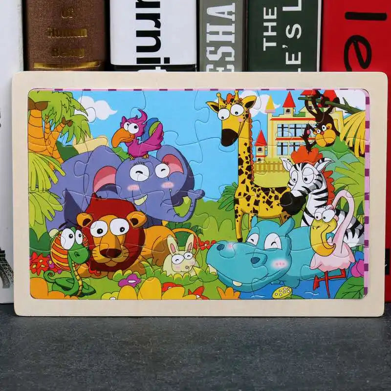 A colorful 24-piece wooden jigsaw puzzle featuring various jungle and farm animals like a giraffe, monkeys, and dinosaurs.