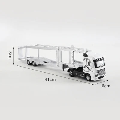 A white 1:50 scale diecast container truck with pull-back action, featuring sound and light effects.