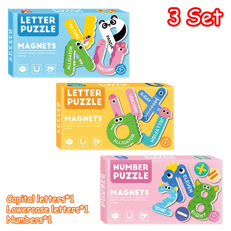 A set of three letter puzzles featuring magnets for capital and lowercase letters and numbers
