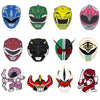 A set of nine enamel pins featuring various colorful battle suit and helmet designs for a Dinosaur Ranger theme.