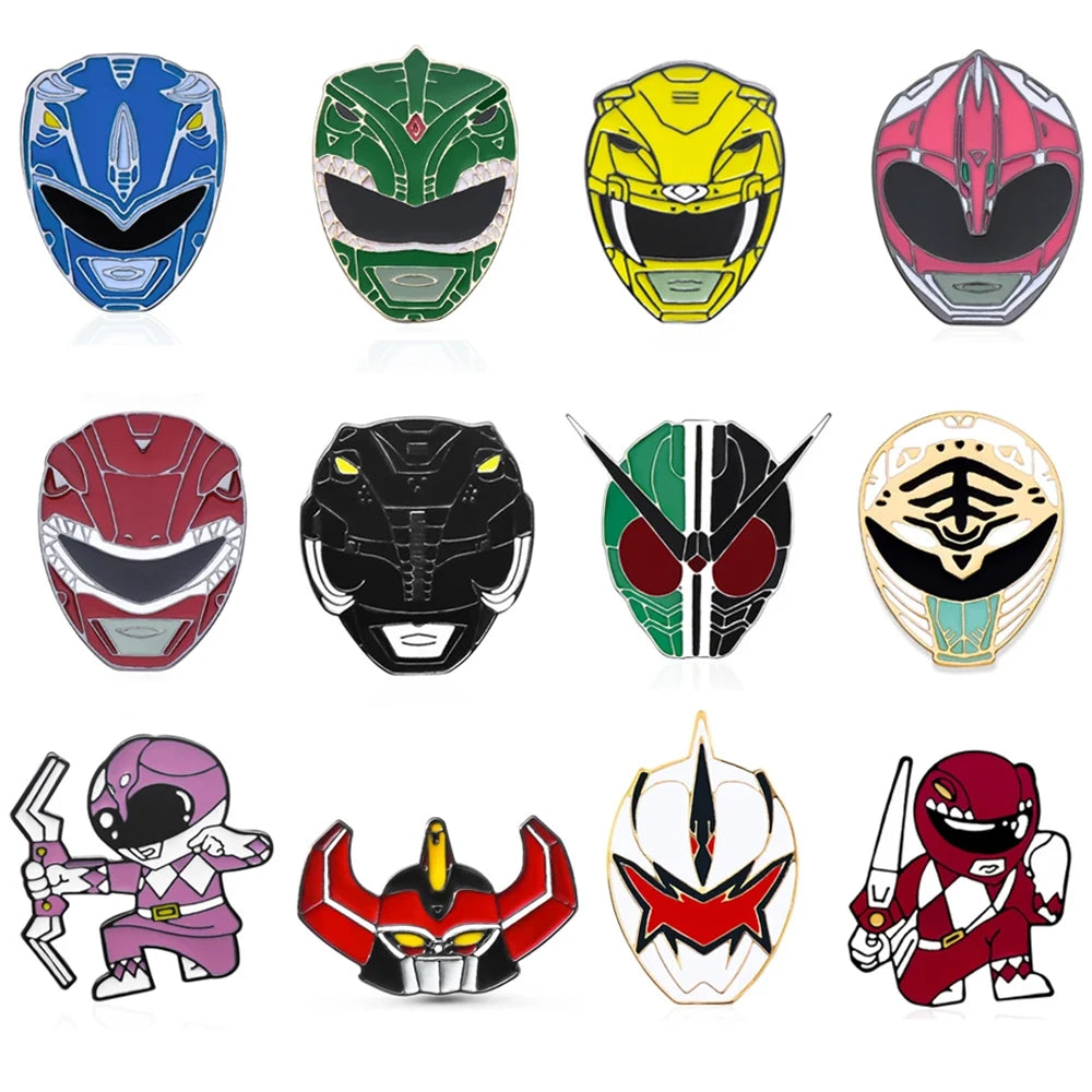 A set of nine enamel pins featuring various colorful battle suit and helmet designs for a Dinosaur Ranger theme.