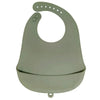 A light green waterproof silicone baby bib with a catch pocket.