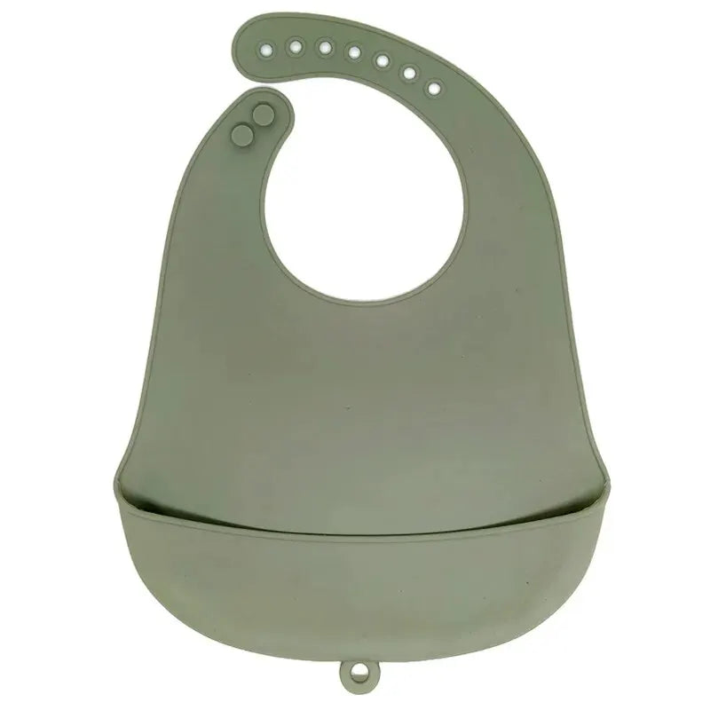 A light green waterproof silicone baby bib with a catch pocket.