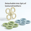 Detachable silicone teether set with three textured teeth in light beige and green colors