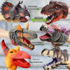 A collection of dinosaur hand puppets including Triceratops, Tyrannosaurus rex, Cow dragon, and Sword dragon.