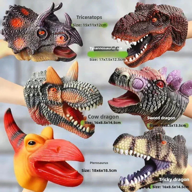 A collection of dinosaur hand puppets including Triceratops, Tyrannosaurus rex, Cow dragon, and Sword dragon.