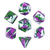 A set of silicone polyhedral dice, including a dodecahedron and a tetrahedron, with purple and white marbled coloring.
