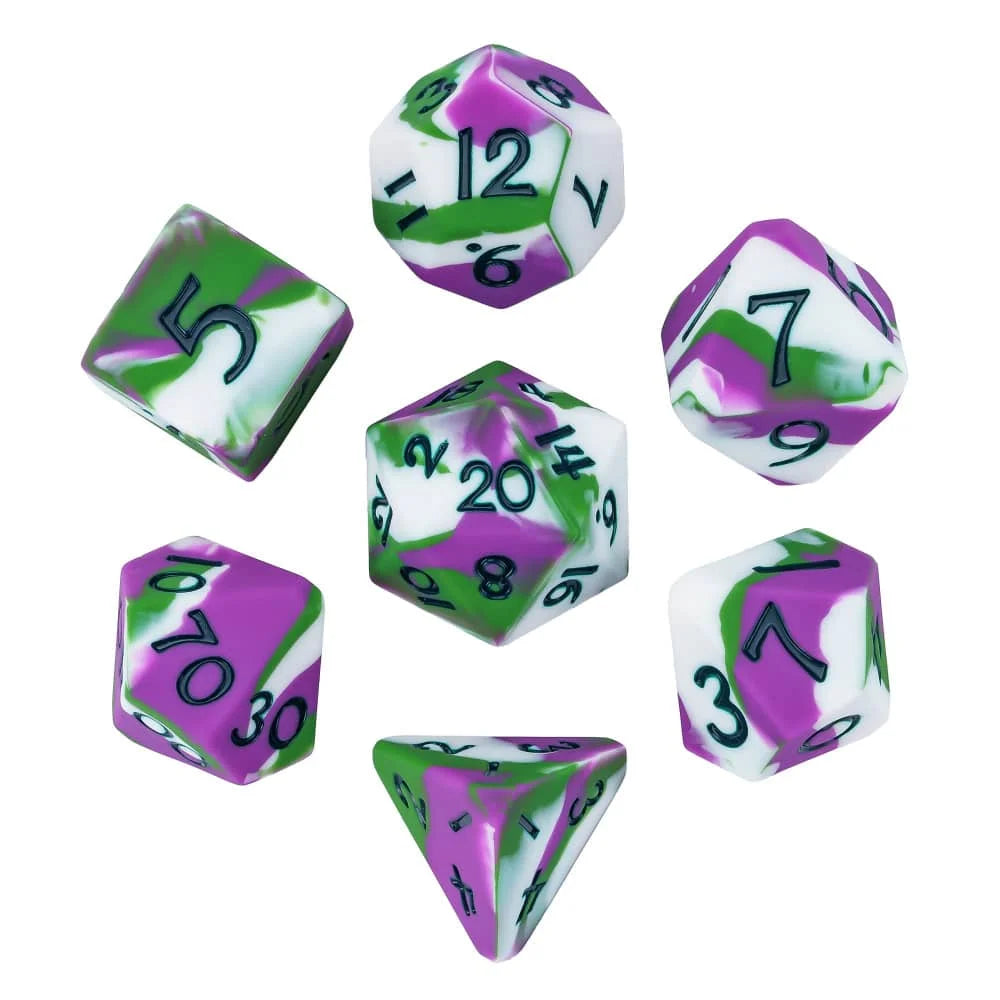 A set of silicone polyhedral dice, including a dodecahedron and a tetrahedron, with purple and white marbled coloring.