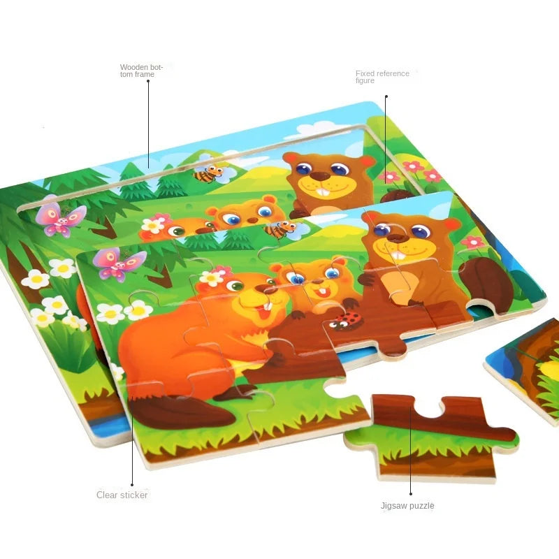 Wooden Animal Jigsaw Puzzles for Toddlers (Set of 12)