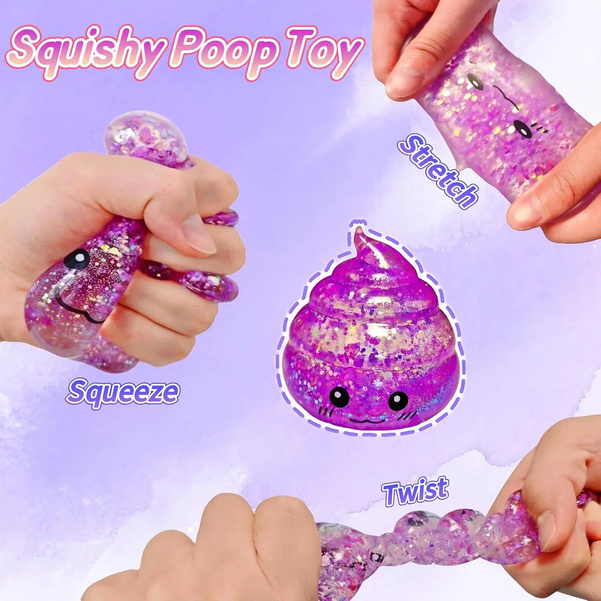 Hands squeezing and stretching a purple glittery poop toy stress ball